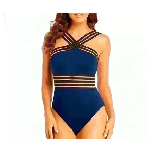 Hilor Other - Hilor Womens Navy Blue Mesh Stripe Cross Front One Piece Swimsuit Size S 4-6 NEW